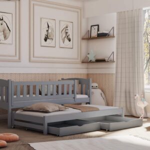 Wooden Double Bed Amelka with Trundle and Storage, front view — Arte-N kids single bed