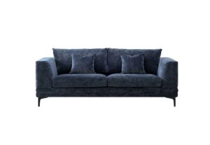 Lenox three seater sofa in aegean blue velvet shown front on against a plain background