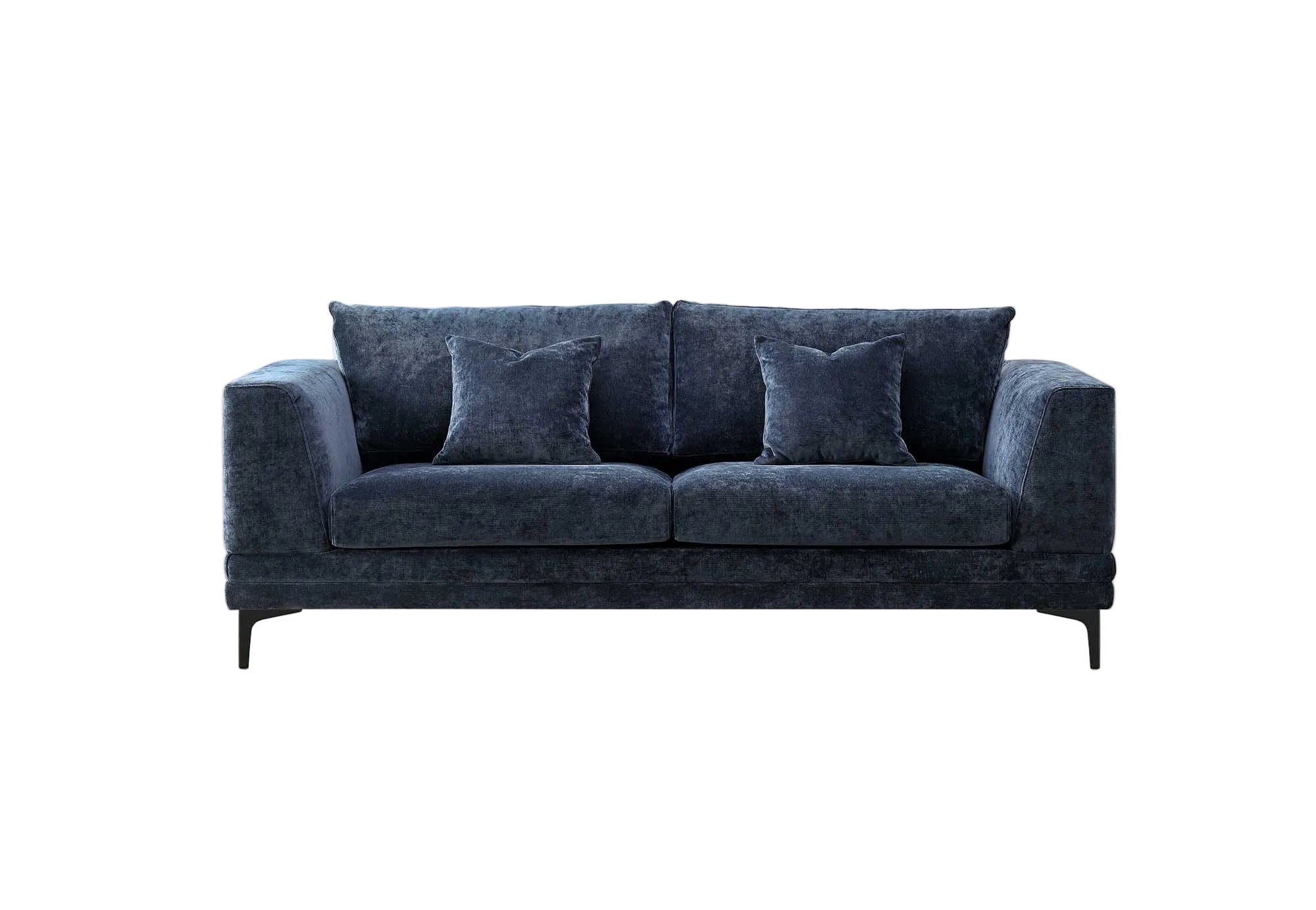 Lenox three seater sofa in aegean blue velvet shown front on against a plain background