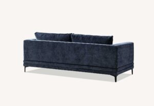 Lenox three seater sofa in aegean blue velvet seen from behind showing the finished back
