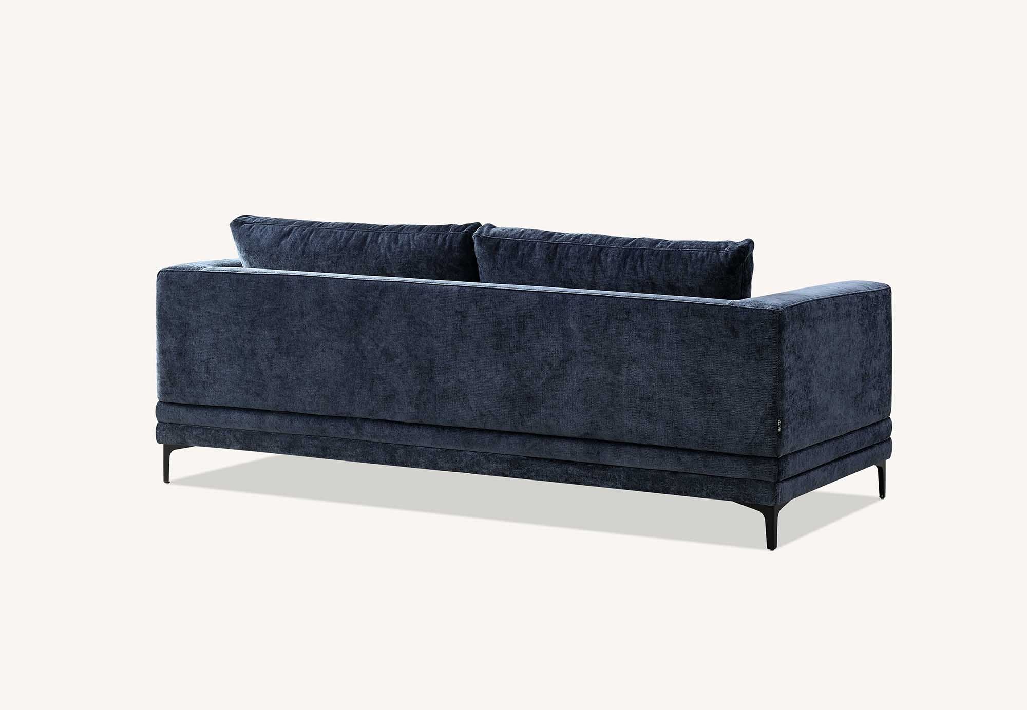 Lenox three seater sofa in aegean blue velvet seen from behind showing the finished back