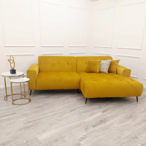 Oslo cinema sofa in mustard with scatter cushions in a room setting