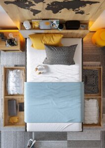Qubic 11 Bed With LED in Oak Artisan, Silk Flou and Raw Steel, view 2 — Arte-N kids single bed
