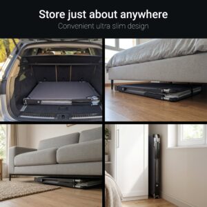 Jay-Be ME70 folded bed stored in a car boot, under a bed, under a sofa and in a cupboard