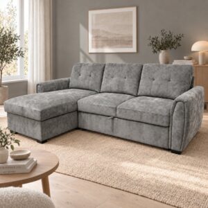 Milton corner sofa bed in grey chenille with left-hand chaise in a bright living room with a jute rug