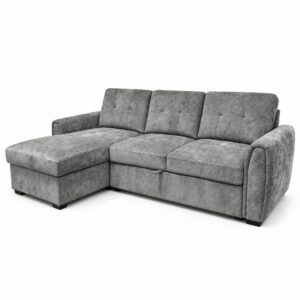 Milton grey chenille corner sofa bed with chaise, three button-tufted back cushions and dark block feet