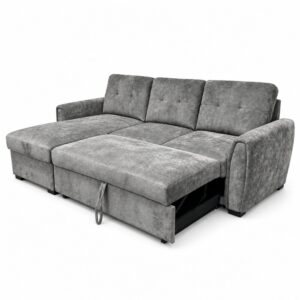 Milton corner sofa bed with the bed platform pulled out by its fabric strap to meet the chaise