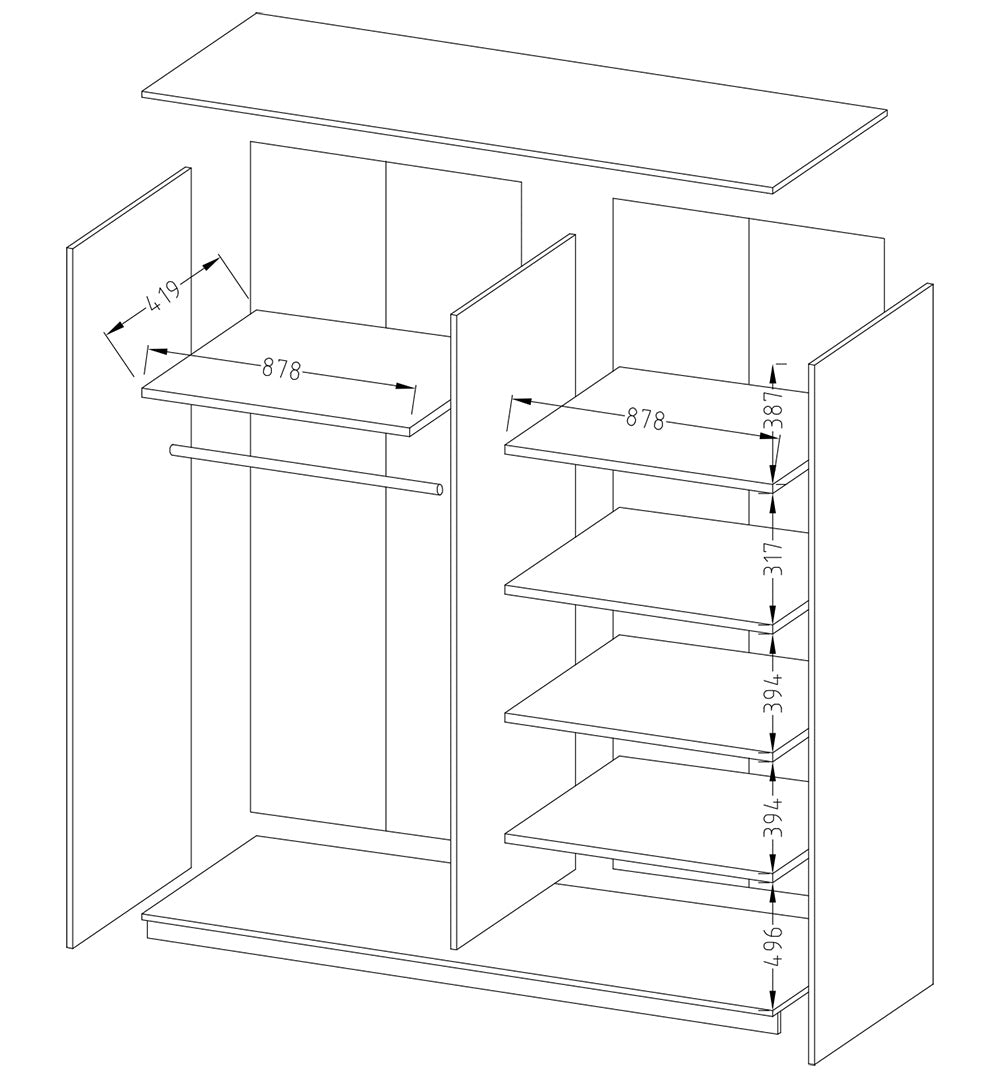 Beta Sliding Door Mirrored Wardrobe in Oak Monastery - interior layout with the doors open