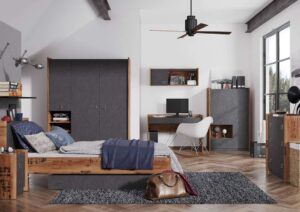 Fargo Wardrobe 01 in Canyon Alpine Spruce with decor / Raw Steel (raw concrete), interior layout — Arte-N kids wardrobe