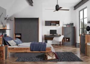 Fargo Wardrobe 02 in Canyon Alpine Spruce with decor / Raw Steel (raw concrete), interior layout — Arte-N kids wardrobe