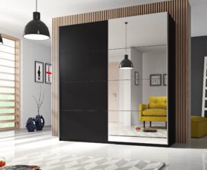 Beta Sliding Door Wardrobe in Black Matt - shown in a bedroom setting, 211cm wide