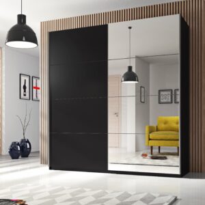 Beta Sliding Door Wardrobe in Black Matt - shown in a bedroom setting, 211cm wide