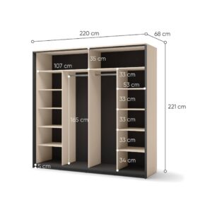 Enna EN-01 Sliding Door Wardrobe 220cm in Beige - interior layout with the doors open