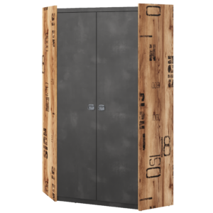 Fargo Corner Wardrobe 17 in Canyon Alpine Spruce with decor / Raw Steel (raw concrete), shown from the front — Arte-N kids wardrobe