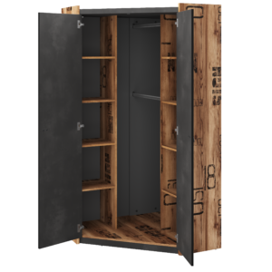 Fargo Corner Wardrobe 17 in Canyon Alpine Spruce with decor / Raw Steel (raw concrete), shown at an angle — Arte-N kids wardrobe