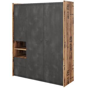 Fargo Wardrobe 01 in Canyon Alpine Spruce with decor / Raw Steel (raw concrete), shown from the front — Arte-N kids wardrobe