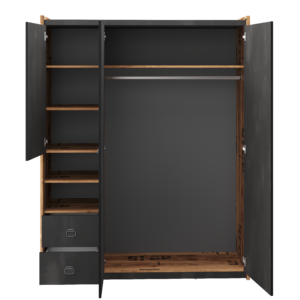 Fargo Wardrobe 01 in Canyon Alpine Spruce with decor / Raw Steel (raw concrete), shown at an angle — Arte-N kids wardrobe