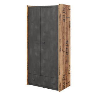 Fargo Wardrobe 02 in Canyon Alpine Spruce with decor / Raw Steel (raw concrete), shown from the front — Arte-N kids wardrobe