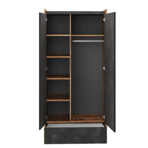 Fargo Wardrobe 02 in Canyon Alpine Spruce with decor / Raw Steel (raw concrete), shown at an angle — Arte-N kids wardrobe