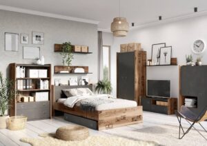 Fargo Wardrobe 02 in Canyon Alpine Spruce with decor / Raw Steel (raw concrete), detail view — Arte-N kids wardrobe