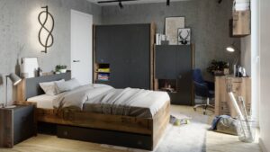 Fargo Wardrobe 01 in Canyon Alpine Spruce with decor / Raw Steel (raw concrete), detail view — Arte-N kids wardrobe