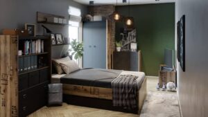 Fargo Corner Wardrobe 17 in Canyon Alpine Spruce with decor / Raw Steel (raw concrete), interior layout — Arte-N kids wardrobe