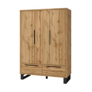 Halle Hinged Door Wardrobe 145cm in Oak Wotan - shown in a bedroom setting, 145cm wide
