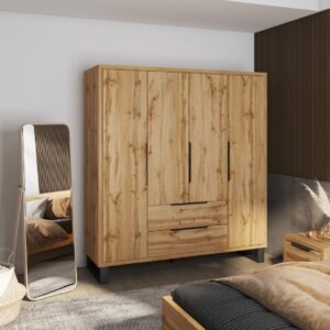 Halle Hinged Door Wardrobe 191cm in Oak Wotan - interior layout with the doors open