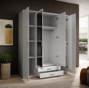 Karl Hinged Door Wardrobe 160cm in White - side profile showing the depth