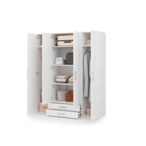 Mora Hinged Door Wardrobe 162cm in White - side profile showing the depth