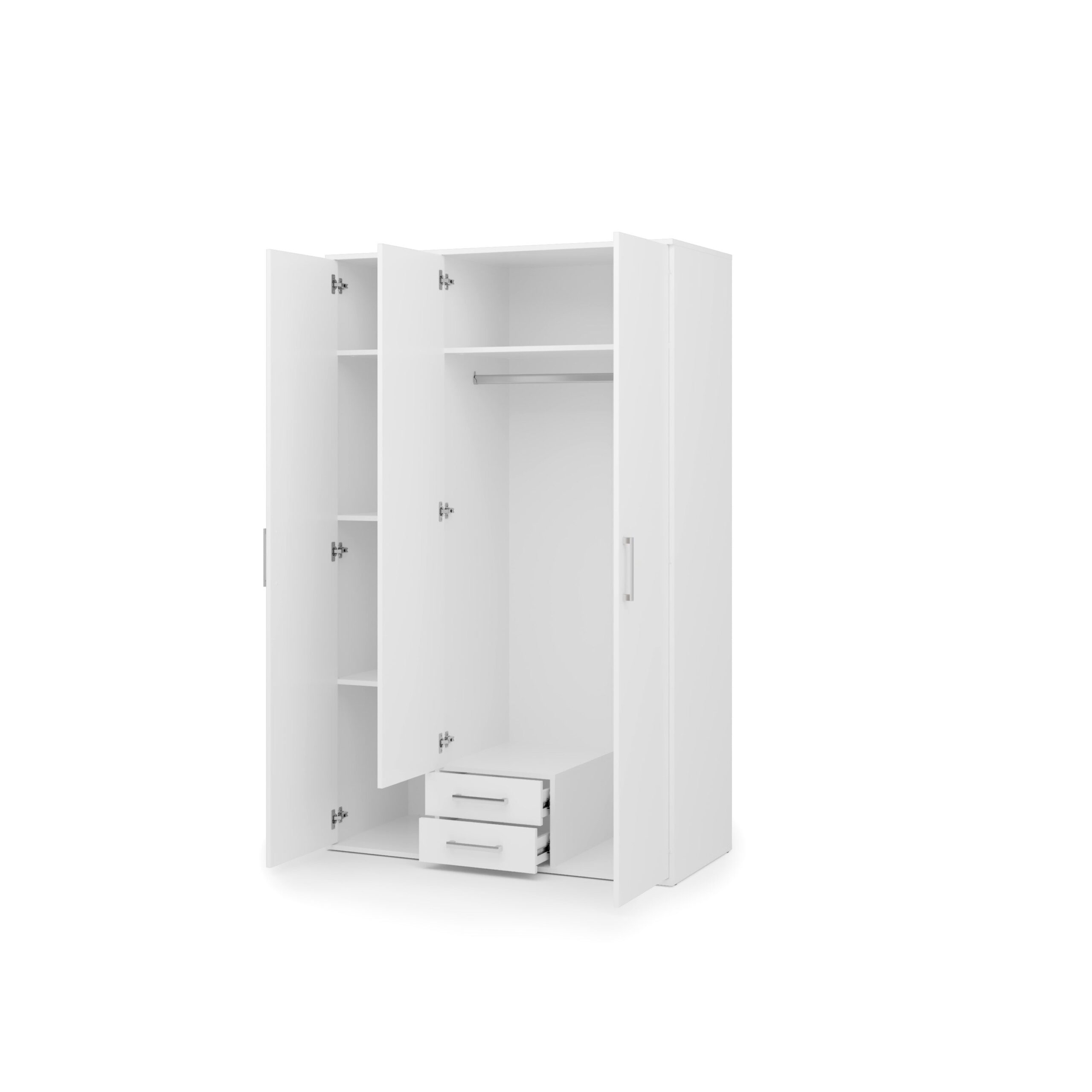 Mora Hinged Door Wardrobe 122cm in White - interior layout with the doors open