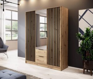 Nelly Hinged Door Wardrobe 155cm [Mirror] - shown in a bedroom setting, 155cm wide