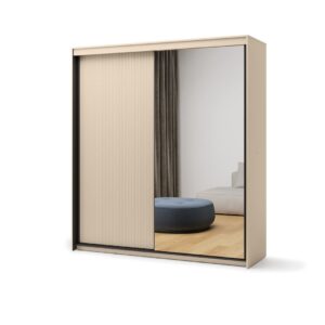 Trend TS-01 Sliding Door Wardrobe 200cm with LED in Beige - shown in a bedroom setting, 200cm wide