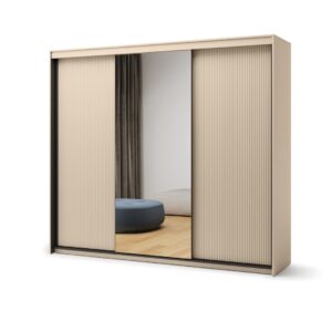 Trend TS-02 Sliding Door Wardrobe 250cm with LED in Beige - shown in a bedroom setting, 250cm wide