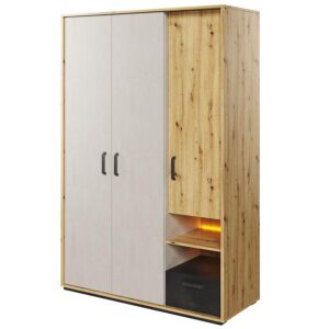 Qubic 02 Wardrobe with LED in Oak Artisan / Silk Flou and Raw Steel (drawer), shown from the front — Arte-N kids wardrobe