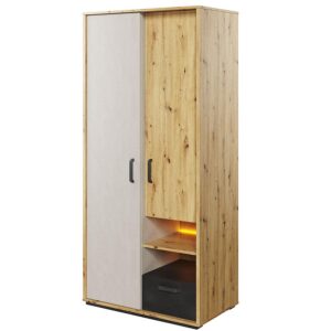 Qubic 03 Wardrobe with LED in Oak Artisan / Silk Flou, Oak Artisan and Raw Steel (drawer), shown from the front — Arte-N kids wardrobe