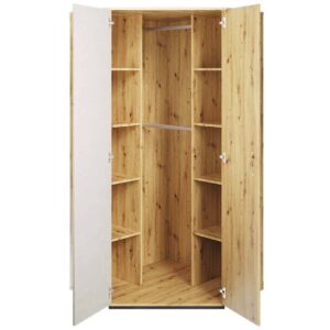 Qubic 01 Corner Wardrobe in Oak Artisan / Silk Flou (raw concrete), shown at an angle — Arte-N kids wardrobe
