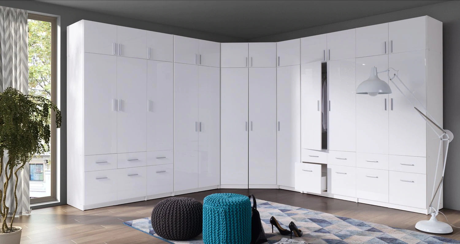 Snow 06 Corner Wardrobe 117cm in White Gloss - interior layout with the doors open