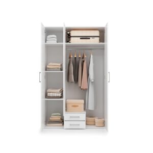 Taby Hinged Door Wardrobe 122cm in White - interior layout with the doors open