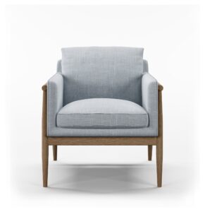 Alfie chair front view showing the grey linen-mix seat and back cushions inside a solid ash frame