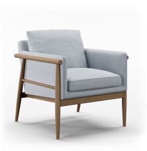 Alfie chair three-quarter view with exposed washed oak ash frame, side rail and slim wooden arm