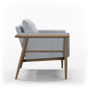 Alfie chair side profile showing the splayed solid ash legs and padded back cushion