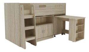 Kudl oak mid sleeper with ladder at the foot end, two-door cupboard and pull-out desk on castors