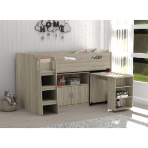 Kudl oak effect mid sleeper bed in a child's bedroom, with the pull-out desk extended and toys stored in the cupboard shelf