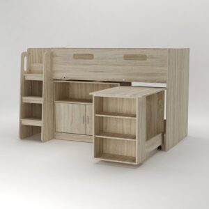 Kudl oak mid sleeper with the desk pushed under the bed and its three-shelf bookcase end facing out