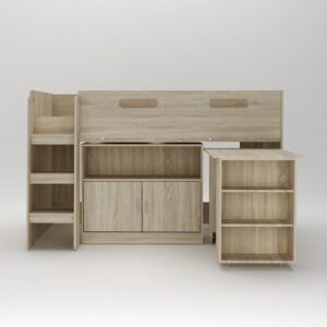 Front view of the Kudl oak mid sleeper showing the three-tread ladder, cupboard doors and desk bookcase