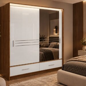 Amsterdam 2 Door Mirrored Sliding Wardrobe 203cm with Drawers and LED in Walnut with White High-Gloss - in a bedroom setting with the LED top light on, mirrored door to the right