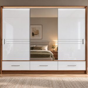 Amsterdam 3 Door Mirrored Sliding Wardrobe 250cm with Drawers and LED in Walnut with White High-Gloss - in a bedroom setting with the mirrored centre door and LED top light