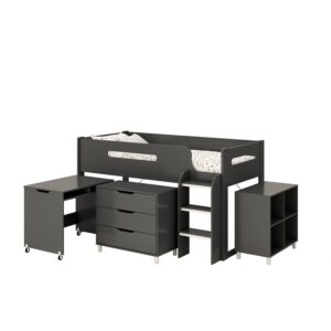 Kudl anthracite mid sleeper with the pull-out desk, chest of drawers and bookcase drawn out in front of the bed