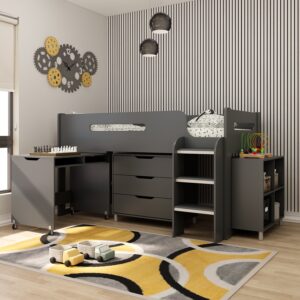 Kudl anthracite grey mid sleeper in a bedroom, with desk, three-drawer chest and cube bookcase arranged underneath